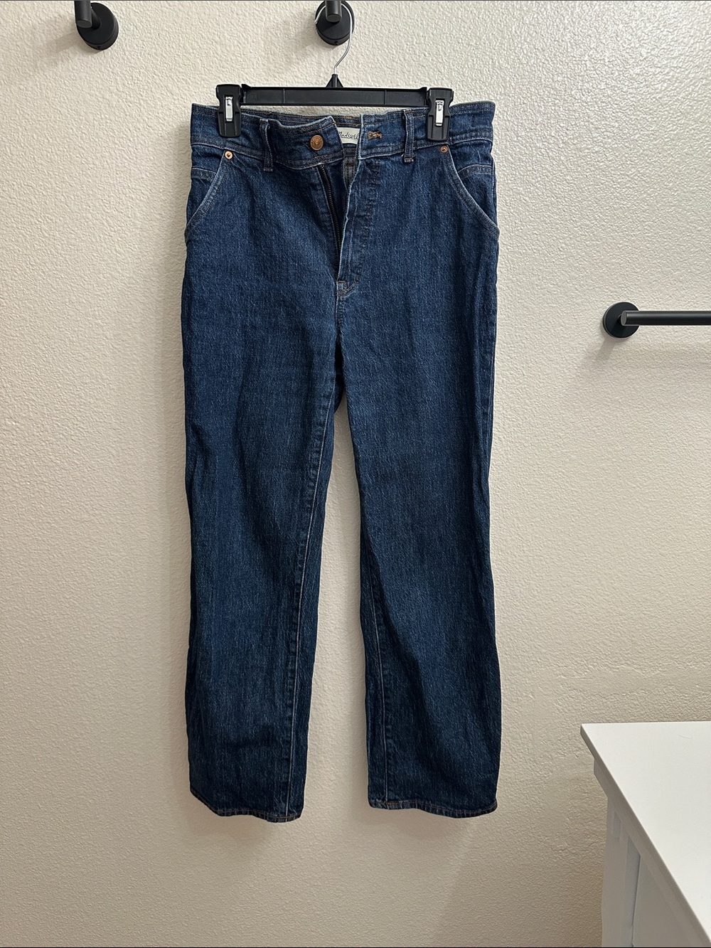 Madewell dark blue denim jeans with contrast stitching